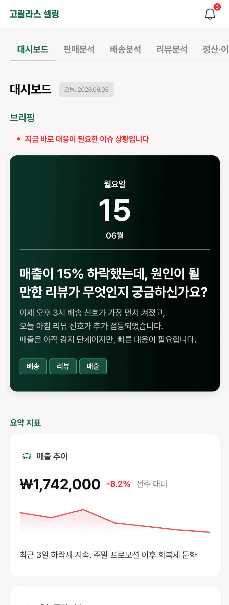 고릴라스 셀링 BI 모바일 대시보드